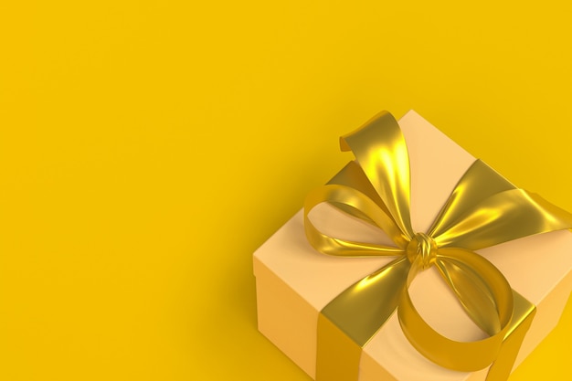 Caja de regalo marrón con cinta dorada y lazo aislado