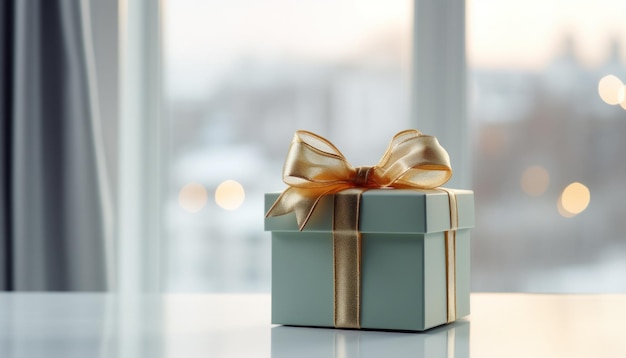 Caja de regalo de menta con cinta dorada Concepto de elegancia en el regalo