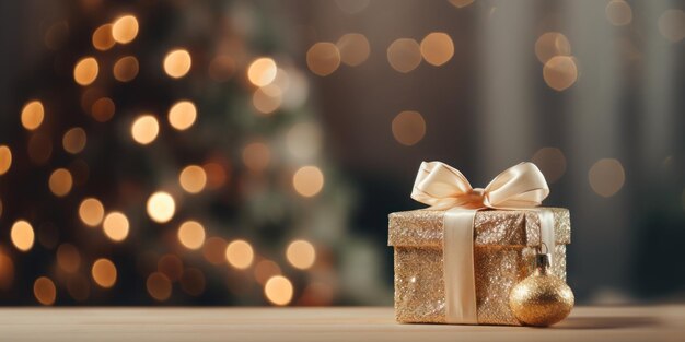 Caja de regalo con mini árbol de Navidad cerca del espacio vacío IA generativa