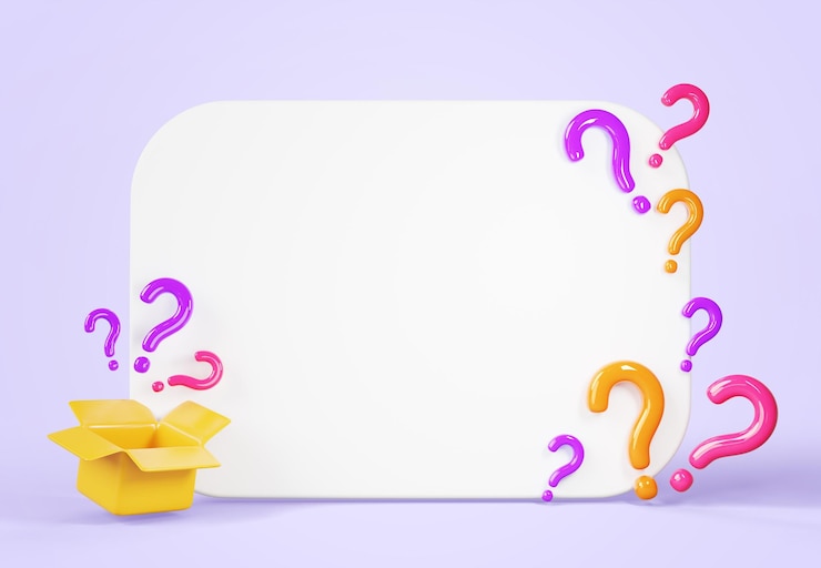 Foto caja de regalo misteriosa en 3d y marco de pancarta blanca con signos de interrogación en el fondo de renderización concepto de concurso o juego de cuestionario con bonificación o sorpresa presente paquete abierto poster de regalo