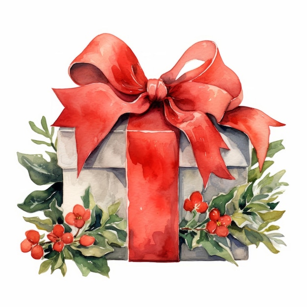 Caja de regalo de Navidad en acuarela con lazo rojo y bayas de acebo