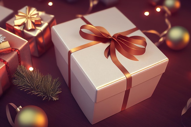 Caja de regalo de navidad con adornos y luz bokeh de árbol en la ilustración 3d de fondo