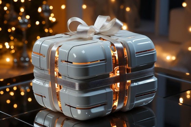Caja de regalo de Navidad azul de estilo moderno de alta tecnología con lazo