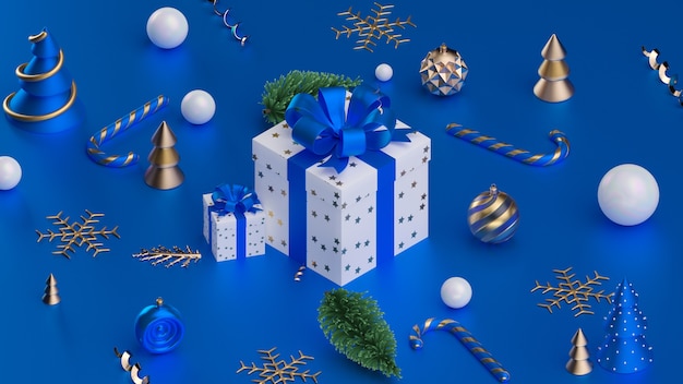 Caja de regalo de Navidad con bolas de Navidad 3D Render