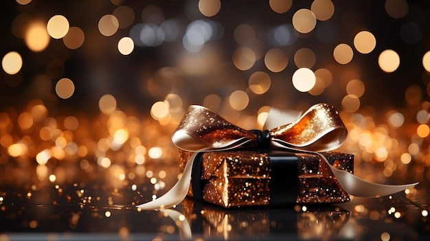 Caja de regalo de Navidad con bolas de Navidad doradas sobre fondo dorado bokeh