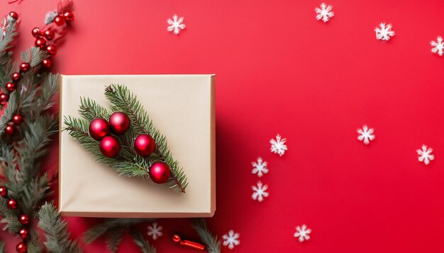 Caja de regalo de Navidad decorada sobre fondo rojo Banner de Navidad y año nuevo