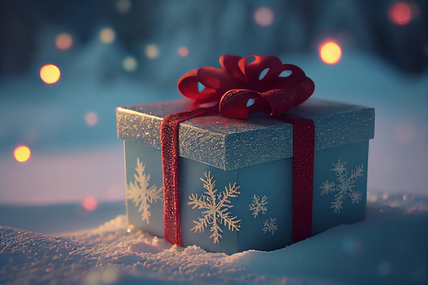 Caja de regalo de navidad en la nieve con fondo bokeh concepto generativo de año nuevo