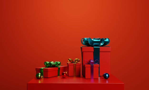 Caja de regalo de navidad roja 3d con fondo rojo en renderizado 3d ilustración de renderizado 3d