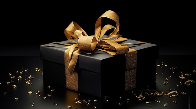 caja de regalo negra con arco dorado sobre fondo negro en el estilo del arte de precisión