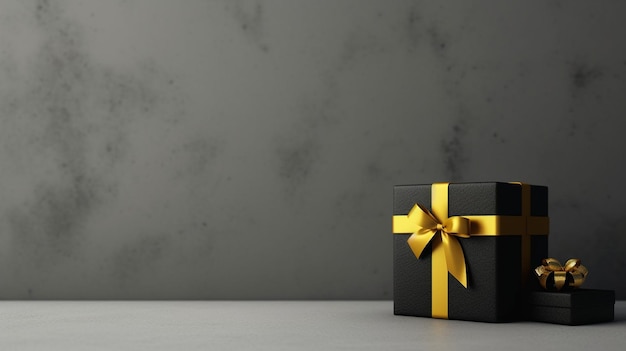 una caja de regalo negra con una cinta amarilla atada a su alrededor.