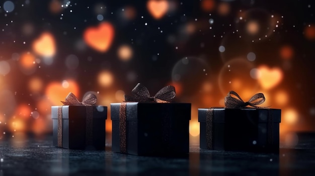 Caja de regalo negra con cinta de oro y fondo de brillo de amor