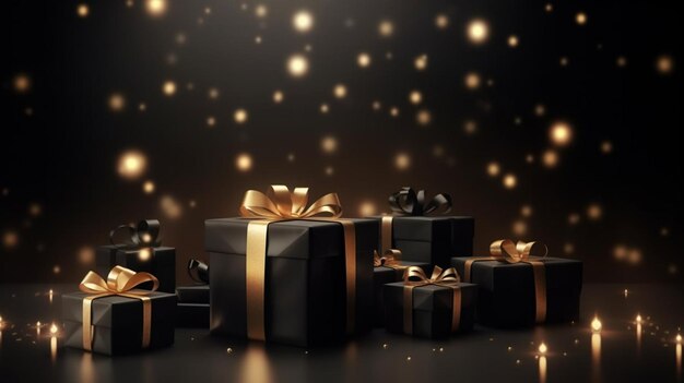 Caja de regalo negra con cinta de oro y fondo de brillo de amor