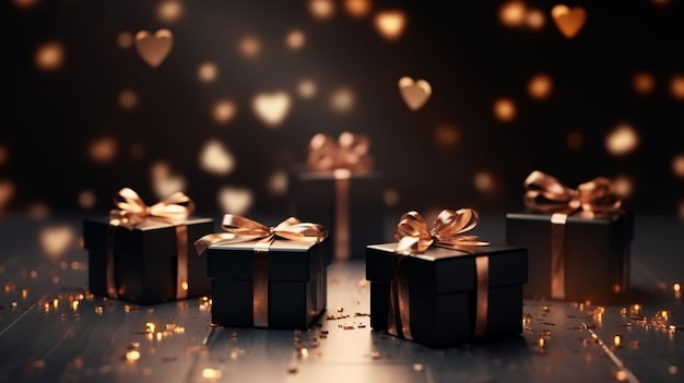 Foto caja de regalo negra con cinta de oro y fondo de brillo de amor