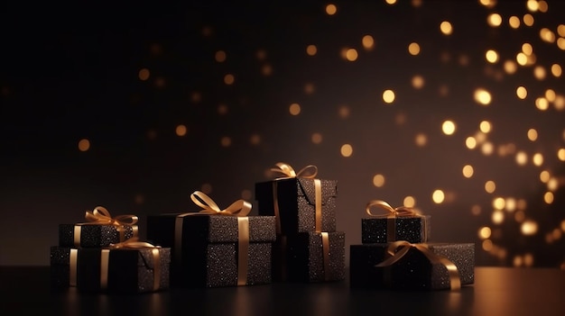 Foto caja de regalo negra con cinta de oro y fondo de brillo de amor