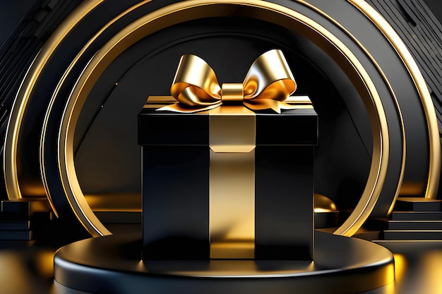 caja de regalo negra y dorada con podio en el centro ilustración 3d futurista generada por ai