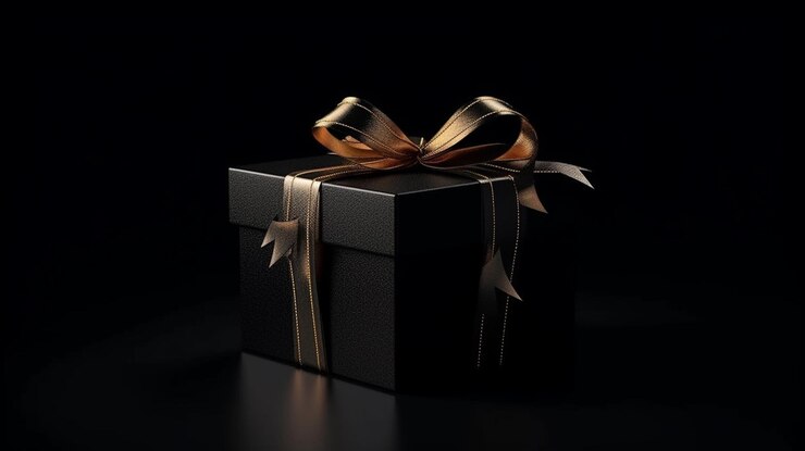 Caja de regalo negra con lazo de cinta dorada sobre fondo negro generativo ai