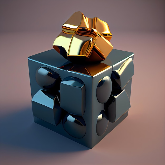 Caja de regalo negra con lazo dorado sobre fondo oscuro ilustración 3d