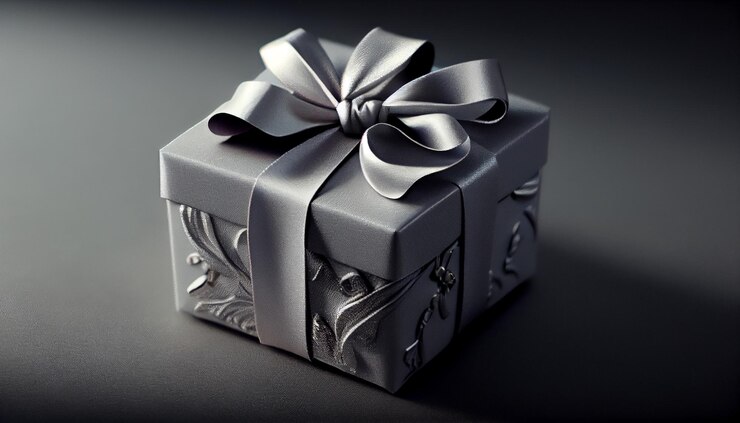 Caja de regalo negra con un lazo plateado sobre un fondo gris generativo ai