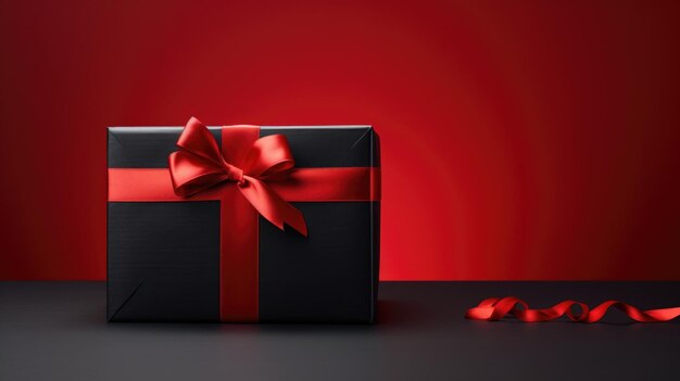 Caja de regalo negra con un lazo rojo en un fondo rojo oscuro aislado