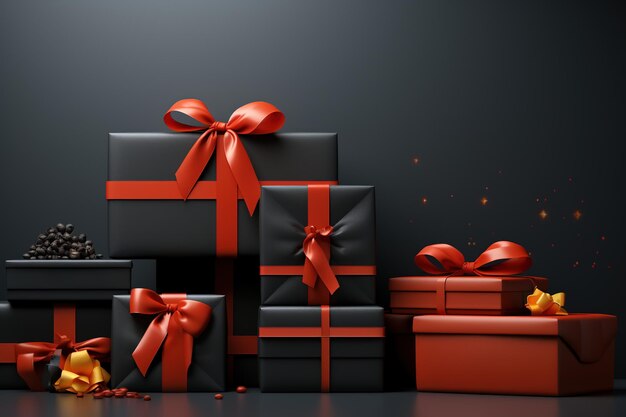 Caja de regalo negra y roja con un lazo de cinta dorada sobre fondo negro