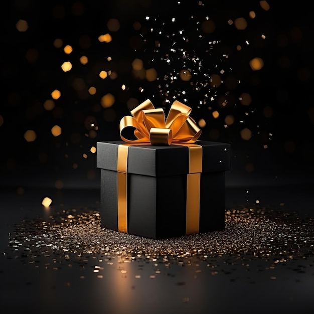 caja de regalo negra sobre un fondo negro cubierto con confeti dorado brillante