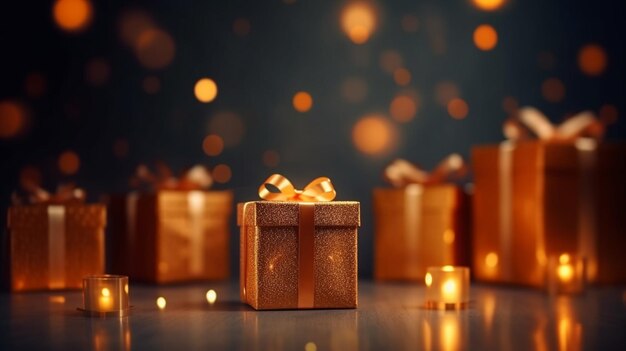 Caja de regalo de oro con cinta de oro y fondo de brillo de amor