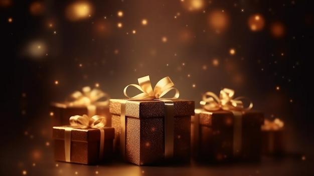 Caja de regalo de oro con cinta de oro y fondo de brillo de amor