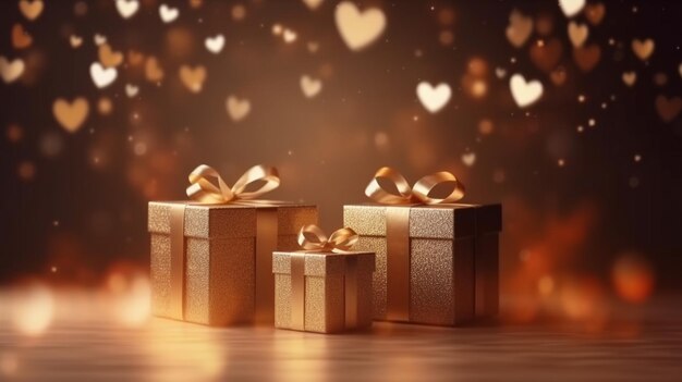 Caja de regalo de oro con cinta de oro y fondo de brillo de amor
