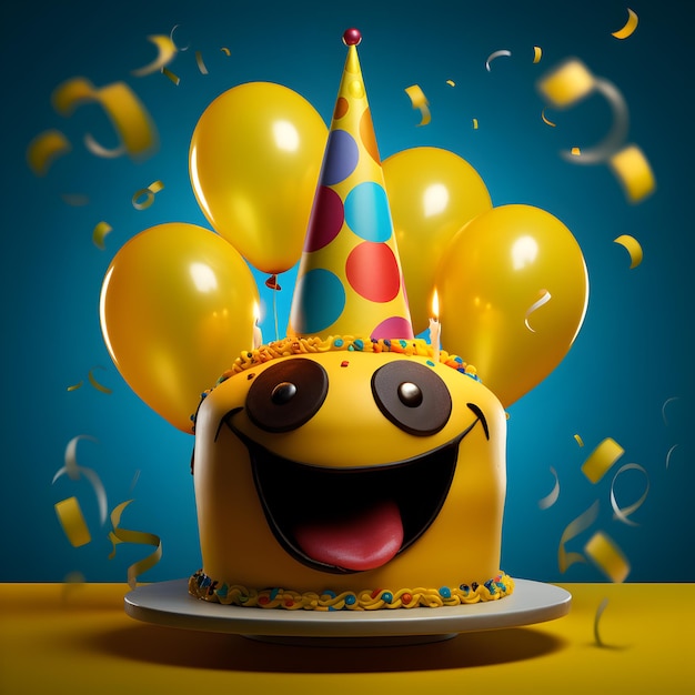 Foto caja de regalo de pastel de cumpleaños y cumpleaños amarillo de dibujos animados generado por ia