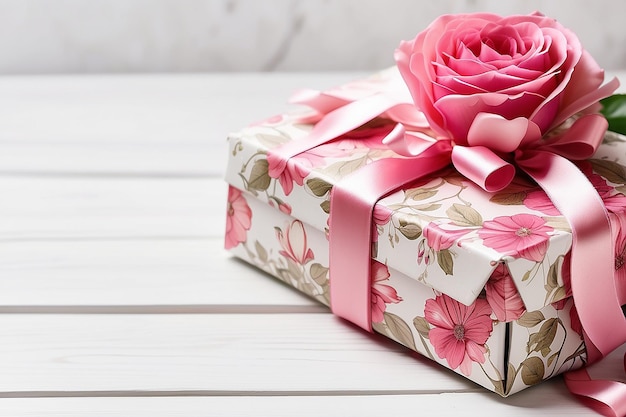 Caja de regalo con patrón floral atada con cinta rosa sobre fondo de madera blanca con espacio para copiar
