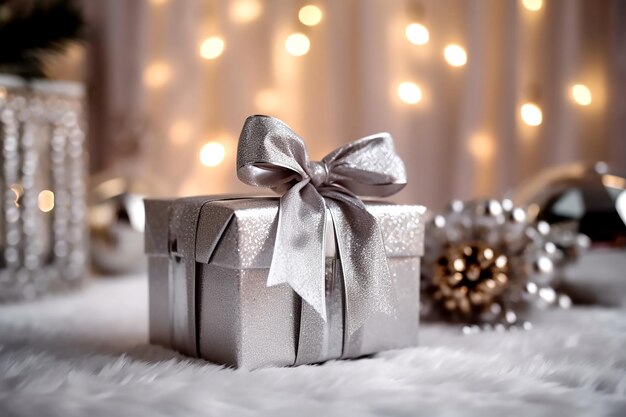 Caja de regalo de plata con arco de plata en el fondo del efecto bokeh IA generativa