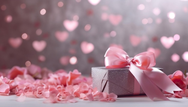 Una caja de regalo plateada con una cinta rosa y un lazo rosa se sienta en una mesa rodeada de corazones.