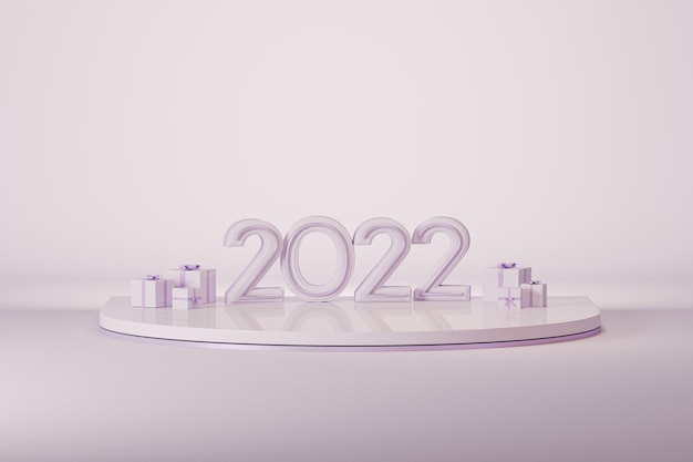 Caja de regalo de podio y números 2022 sobre fondo violeta pastel para Navidad Feliz año nuevo 3D Render