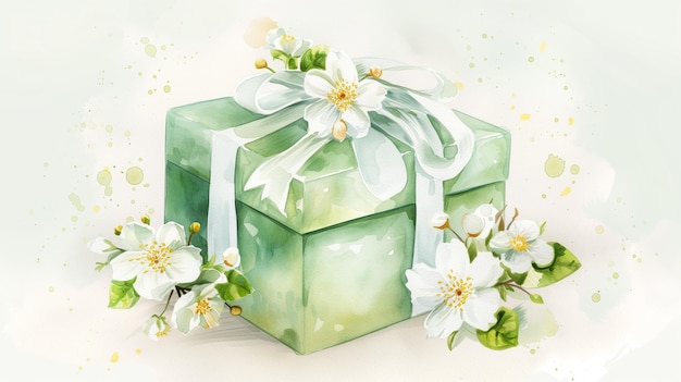 Caja de regalo de primavera con flores blancas y ilustración de cinta pastel