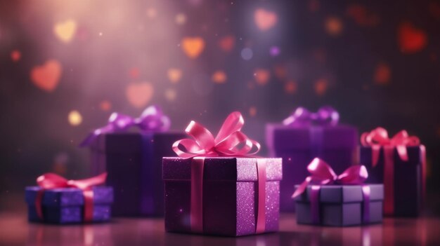 Foto caja de regalo púrpura con cinta púrpura y fondo negro