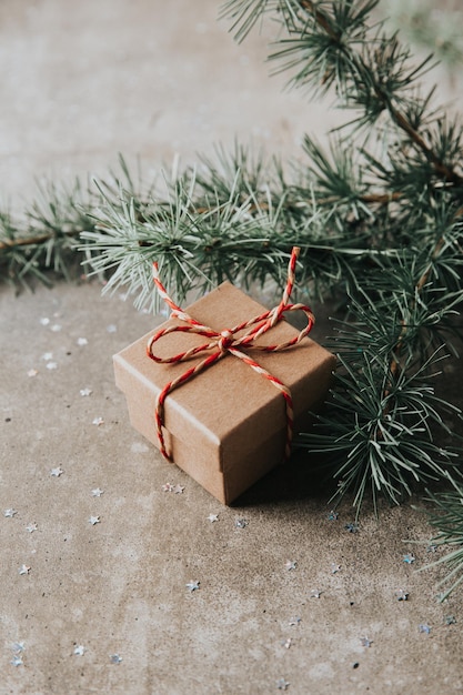 Caja de regalo y ramas de árboles de Navidad Celebración de Navidad y Año Nuevo