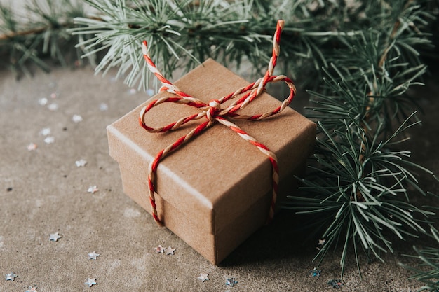 Caja de regalo y ramas de árboles de Navidad Celebración de Navidad y Año Nuevo