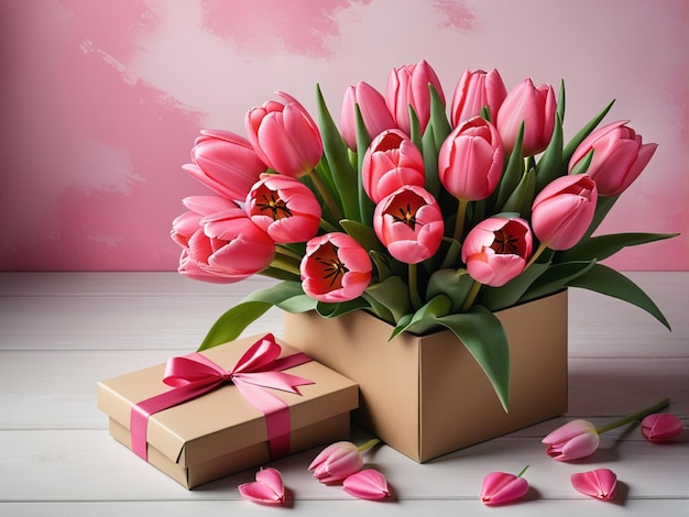 Caja de regalo con un ramo de tulipanes rosados plantilla de tarjeta postal Feliz Día Internacional de las Madres Mujeres