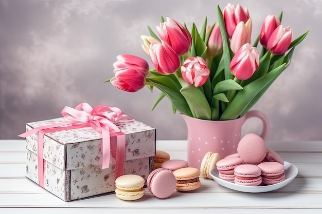 Caja de regalo y ramo de tulipanes rosas en la mesa con fondo blanco.