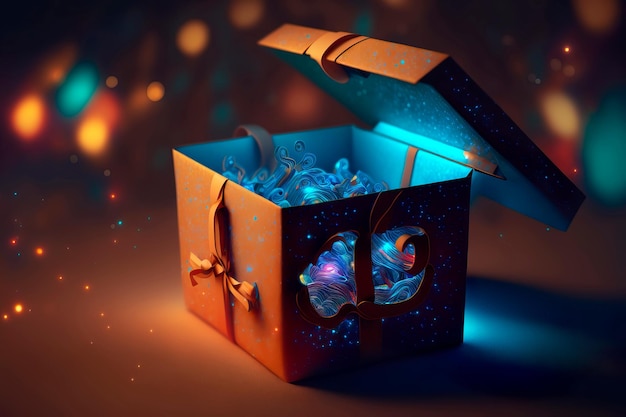 Caja de regalo realista con brillo mágico Caja de regalo abierta azul con luz mágica