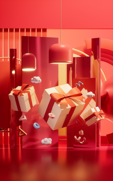 Caja de regalo con representación 3d de escena interior roja