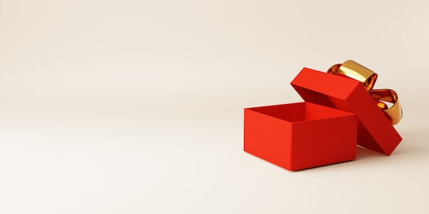 Caja de regalo roja abierta con cinta dorada para cumpleaños de aniversario, concepto de feliz Navidad y feliz año nuevo, técnica de renderizado 3D.