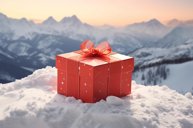 Foto caja de regalo roja con arco en la nieve en la parte superior de la tarjeta de felicitación de la montaña