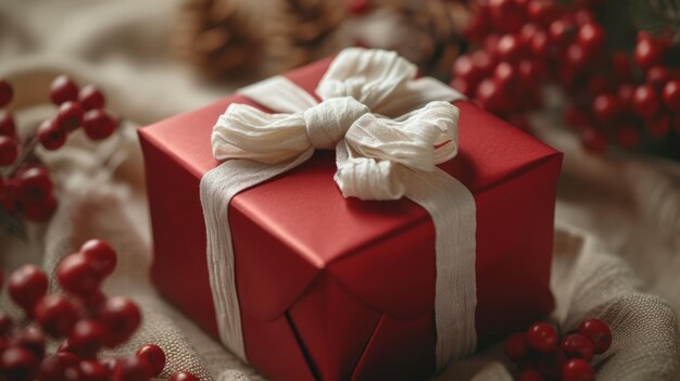 Una caja de regalo roja con una cinta blanca y un lazo en una tela beige con bayas rojas y conos de pino