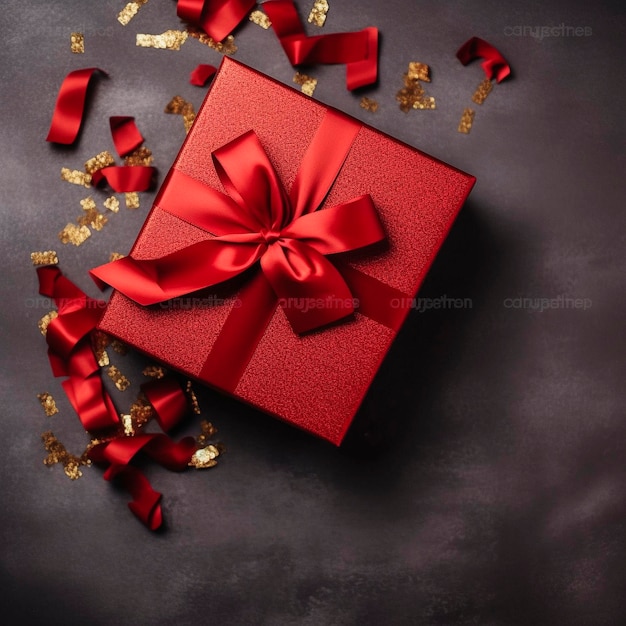 Caja de regalo roja con cintas rojas sobre la mesa.