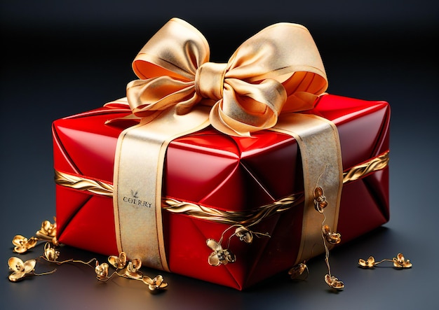 una caja de regalo roja con lazo dorado