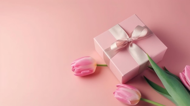 Una caja de regalo rosa con una cinta atada alrededor y un lazo rosa en la parte superior.