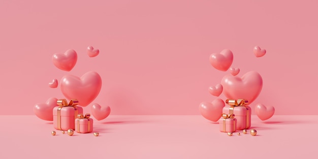 Caja de regalo rosa con cinta dorada y concepto de amor de banner de venta de compras de corazón sobre fondo rosa Representación 3D