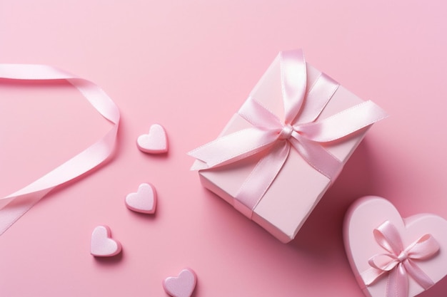 Caja de regalo rosa con una cinta rosa y una caja en forma de corazón con un lazo rosa sobre un fondo rosa.