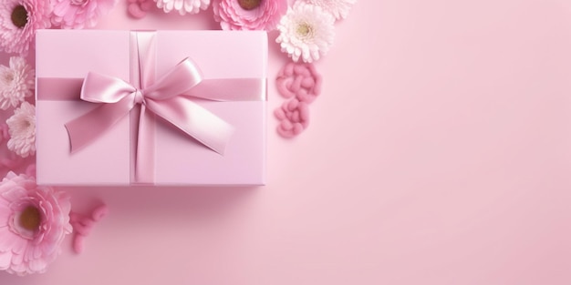 Una caja de regalo rosa con una cinta rosa y flores en el fondo.